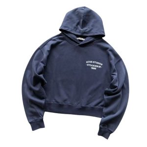 Acne Studios Navy Blue Cropped Hoodie – Stockholm 1996 Logo Pullover